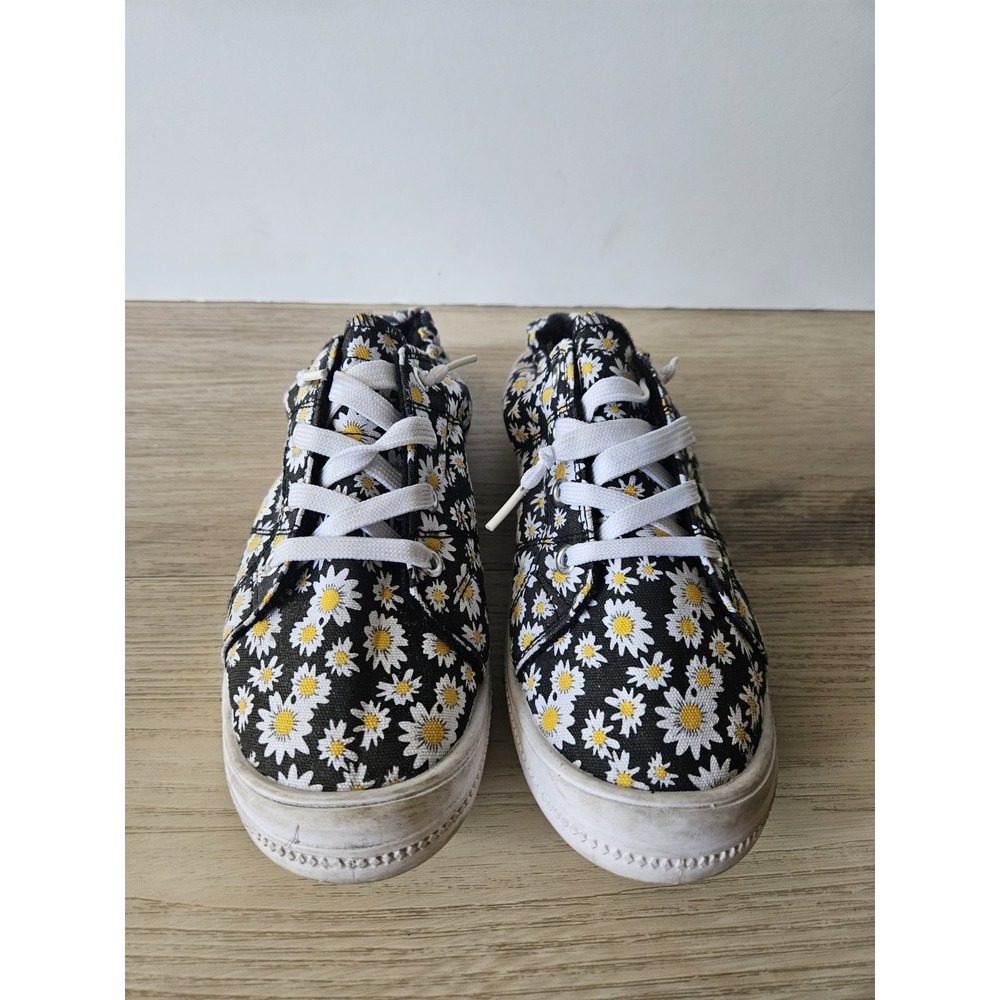 Daisy Canvas Sneakers Size 8 Black Floral Cottagecore Boho Ruched Slip On Shoes
